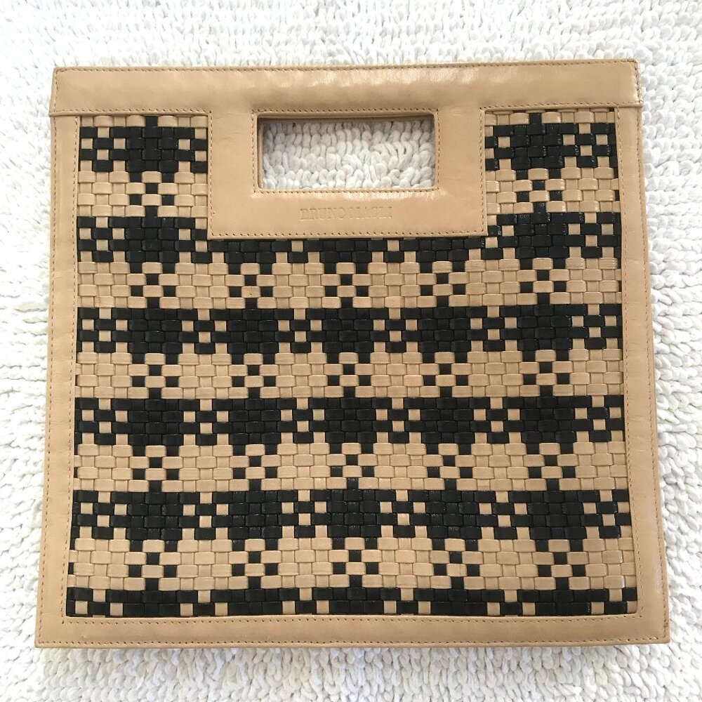 Bruno Magli Woven Leather Clutch Black and Tan Weave Top Handle Clutch